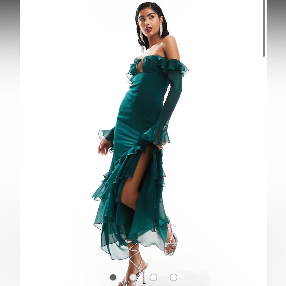 ASOS DESIGN corset bust bardot maxi dress with ruffle detail in dark green